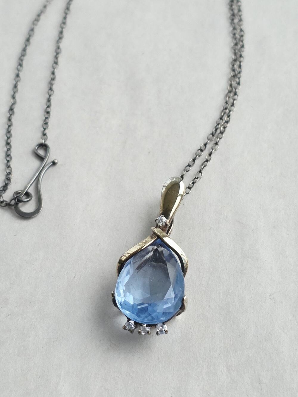 Vintage Big size Blue topaz Gemstone 925 sterling silver Gold pendant Necklace
